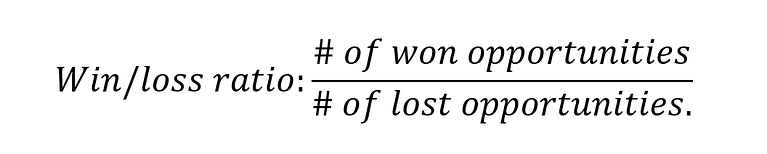 Win/loss ratio equation. Number of Won Opportunities over Number of Lost Opportunities equals the win-loss ratio.