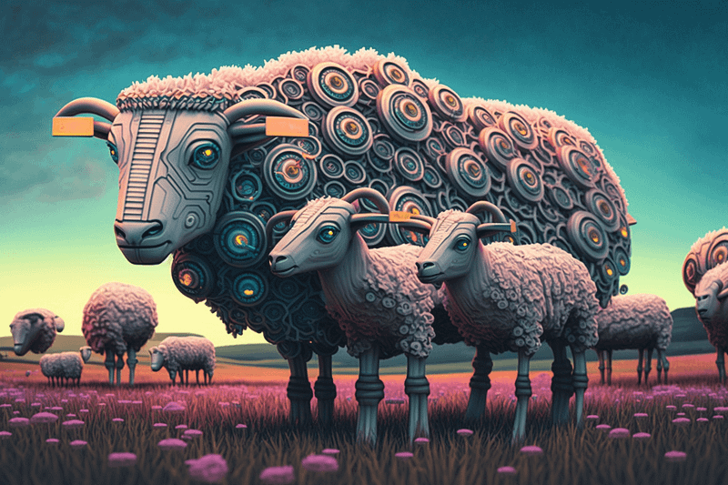 data scarcity -- herd of electronic sheep, generated in Midjourney